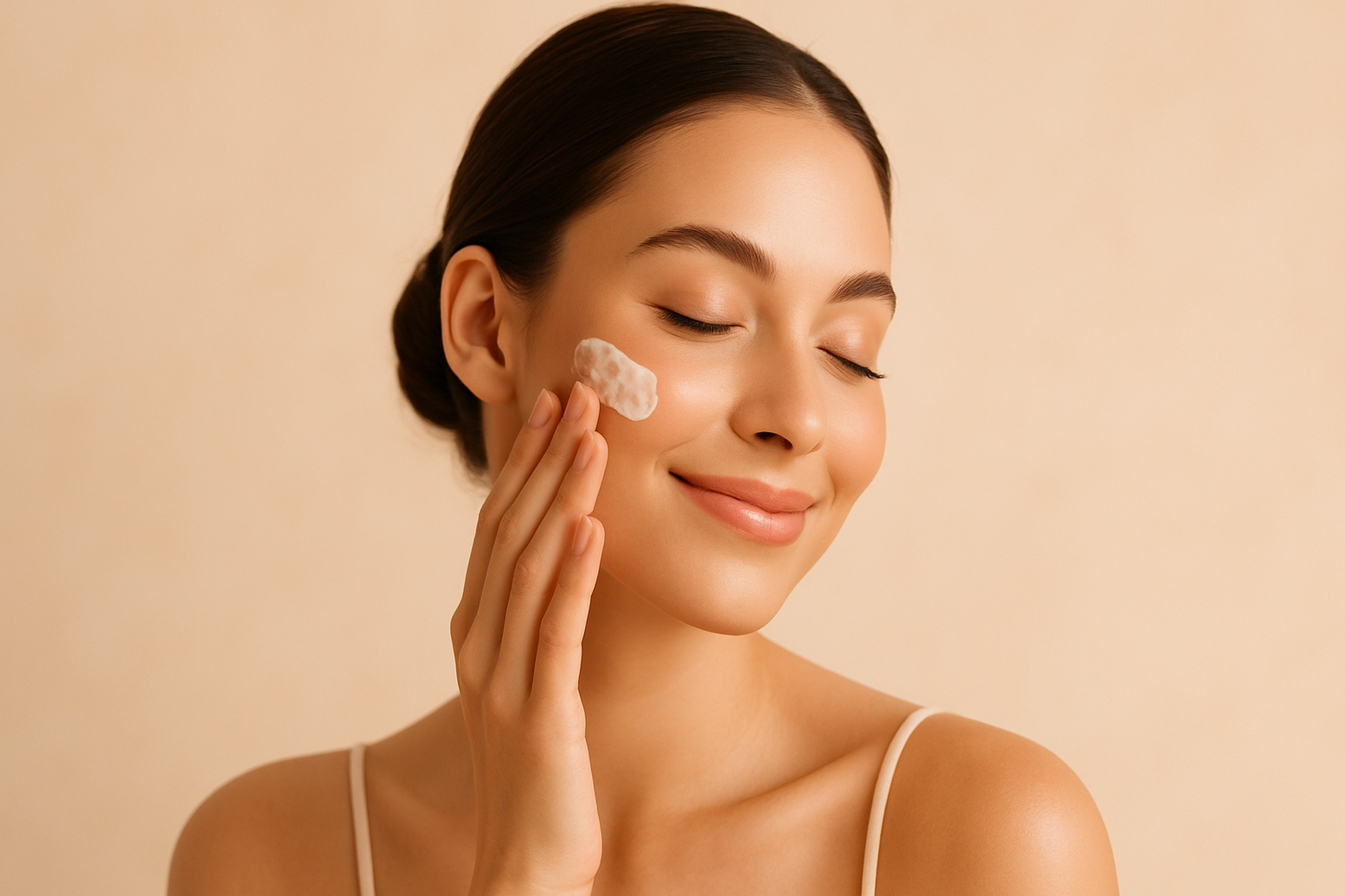 a face skind care nice pastel background beige image of a girl smiling and applying cream the image should be thin and nice