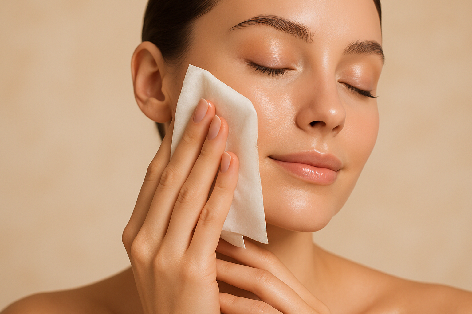 Create an image of a cheek being wiped with wet wipes in a beige pastel background just make it nice and attractive like a studio